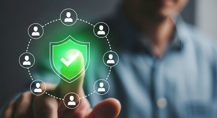 Person touching a digital shield icon representing data security and protection