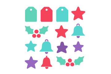 Colorful collection of Christmas holiday symbols including stars bells holly and gift tags