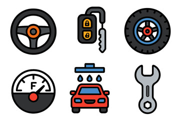 Essential automotive service and maintenance symbols: steering wheel, car key, tire, fuel gauge, car wash, and wrench
