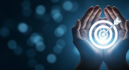Hands holding a glowing target with an arrow in the center