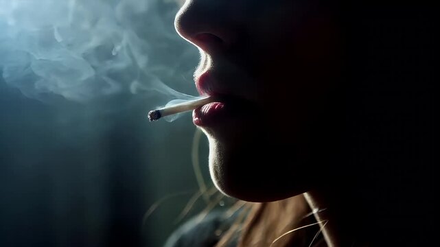 Marijuana cannabis topic concept. A closeup of a person exhaling smoke from a cigarette. The style is dramatic and evocative, with a focus on the interplay of light and shadow.