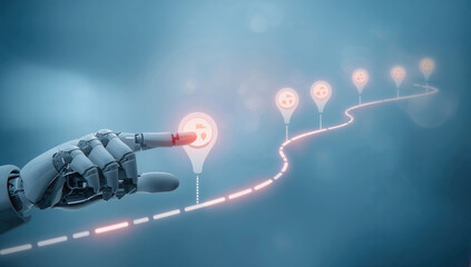 Artificial intelligence navigating future path with robotic hand and glowing points