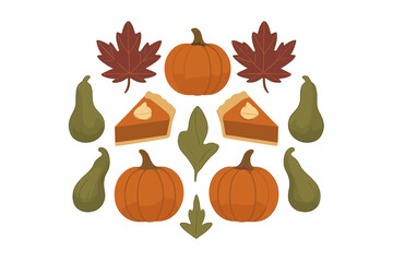 Autumn harvest arrangement featuring pumpkins gourds maple leaves and slices of pumpkin pie