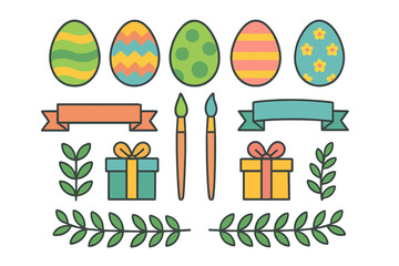 Vibrant Easter holiday icons set featuring decorated eggs, paintbrushes, gift boxes, ribbons, and green leaves