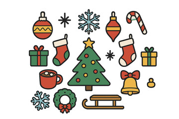 Cute Christmas and Winter Holiday Icons Set with Tree Ornaments Gifts and Snowflakes