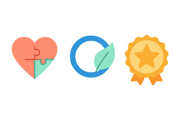 Three colorful graphic icons representing connection, sustainability, and quality assurance