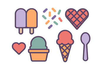 Colorful summer frozen dessert icons featuring popsicles, ice cream cones, sundaes, and sprinkles