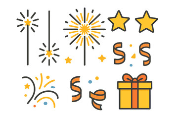 Obraz premium Set of celebration icons including fireworks sparklers stars confetti and gift box