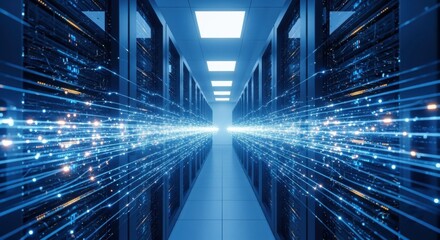 Vibrant data flow through a high-tech server room with illuminated corridors
