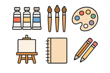 Essential art supplies including paint tubes, brushes, palette, easel, sketchbook, and pencils