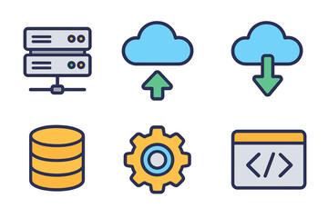 Set of colorful symbols representing server, cloud computing, data storage, and coding interface