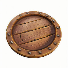 A detailed illustration of a round wooden shield with metal studs, showing wood grain and cracks.