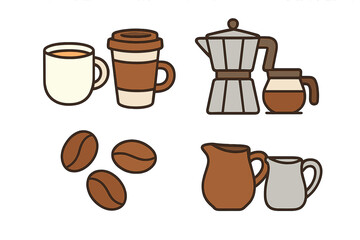 Coffee making equipment and serving vessels set including mugs, cups, pots, and roasted beans