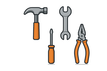 Essential construction and repair hand tools set featuring hammer, wrench, screwdriver, and pliers