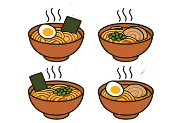 Four different bowls of hot Japanese ramen noodles with traditional toppings