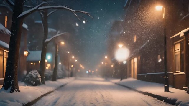 4K slow motion footage of snowfall outside cozy cabin with glowing lanterns and smoke from chimney symbolizing tranquility relaxation and holiday warmth perfect for winter travel advertising lifestyle