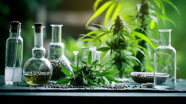 Marijuana cannabis topic concept. cannabis research setup with cannabis plants and laboratory glasswarecanna indica plant with cannabis buds and glassware on a dark surface.