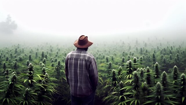 Marijuana cannabis topic concept. A man in a plaid shirt and brown hat stands amidst a dense field of cannabis plants, with a misty backdrop. The scene is captured in a painterly style.