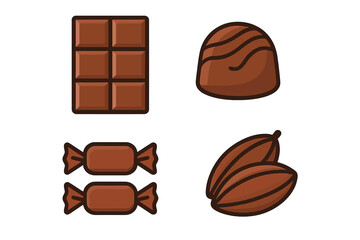 Assortment of sweet chocolate products including candy bar, praline, wrapped sweets, and cocoa pods