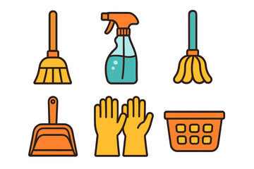 Household cleaning tools and supplies including broom, mop, gloves, spray bottle, dustpan, and basket