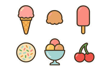 Colorful summer desserts including ice cream cone, popsicle, sundae, scoop, and cherries