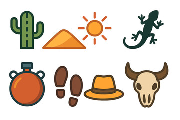 Set of essential symbols for desert travel and western adventure including cactus, bull skull, sun, and lizard