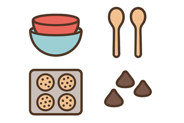Set of baking tools and cookie ingredients including mixing bowls, wooden spoons, and chocolate morsels