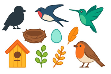Cute spring birds, robin, swallow, hummingbird, nest, egg, feather, and birdhouse