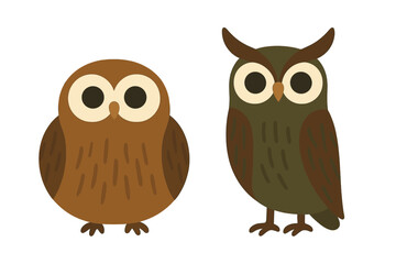 Cute stylized owls standing side by side with large eyes and earthy color palette