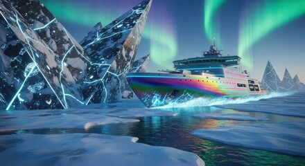Colorful yacht sailing through icy landscape under bright northern lights