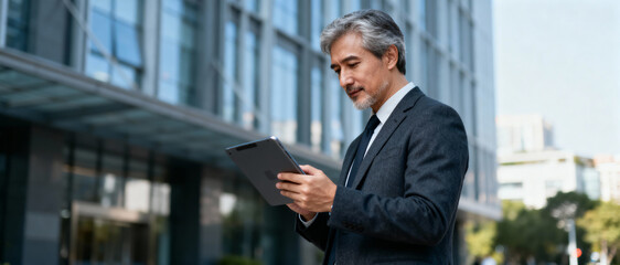 A successful executive in a formal suit using a tablet under sunlight, symbolizing confidence, adaptability, and how technology empowers modern leaders to stay connected and make informed decisions.