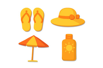 Bright yellow and orange summer beach accessories set with flip flops, sun hat, umbrella, and sunscreen lotion