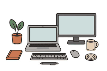 Modern professional desk setup with computer, monitor, keyboard, plant, and coffee mug