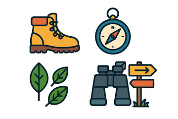 Essential outdoor adventure gear set including hiking boot, compass, binoculars, and directional signpost