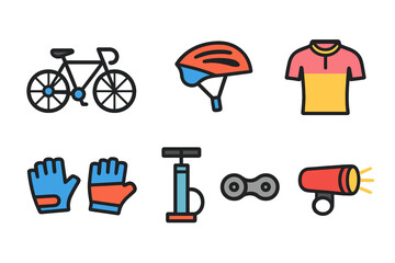 Colorful flat design collection of essential cycling equipment and bicycle accessories