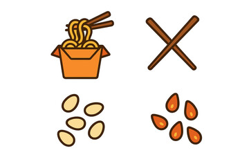 Asian cuisine icons set featuring a noodle box, chopsticks, and sesame seeds