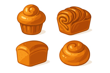 Assortment of golden brown baked goods, including bread loaves and sweet buns, isolated on white