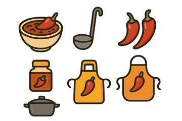 Spicy food and cooking elements set featuring chili peppers, bowl, ladle, pot, and aprons