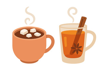 Set of cozy winter drinks featuring hot chocolate with marshmallows and spiced herbal tea