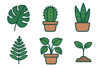 Six stylized icons of popular indoor houseplants, tropical foliage, and a small growing seedling