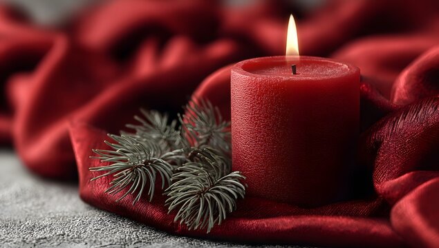 Red candle is lit on a red cloth. The candle is surrounded by pine needles, which adds a festive touch to the scene. Scene is warm and cozy, evoking feelings of comfort and relaxation