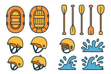 Essential white water rafting equipment including inflatable boats, paddles, and safety helmets