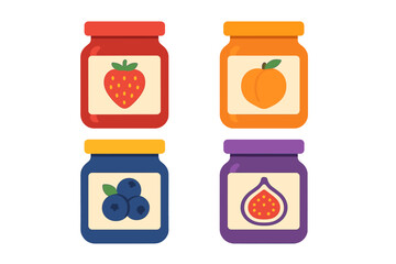 Sweet fruit preserves collection in glass jars: strawberry, peach, blueberry, and fig flavors