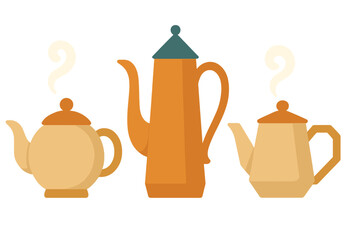Set of three stylized hot beverage pots including coffee carafe and two steaming teapots