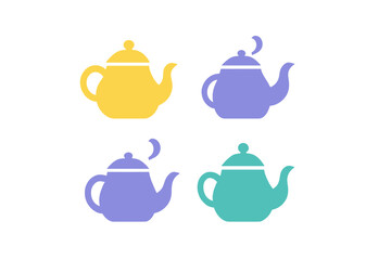 Four stylized teapot icons in various colors representing hot beverages and tea time