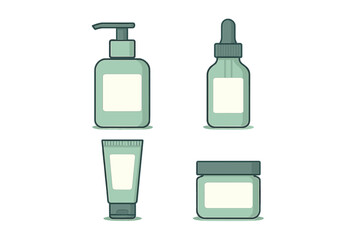 Set of four blank cosmetic product containers: pump bottle, dropper, tube, and cream jar