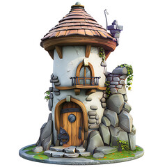 Whimsical cartoon tower with stone accents and a round, tiled roof.