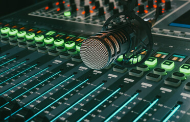 Professional microphone and sound mixer in radio studio