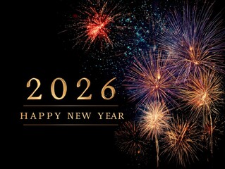 New year 2026 celebration with colorful fireworks on black background
