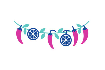 Vibrant decorative garland with pink chili peppers and blue lime slices on a leafy vine